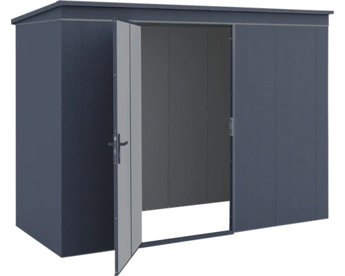 Abri de jardin moderne en métal avec toit en pente et une porte ouverte en anthracite.