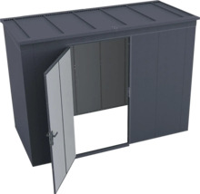 Abri de jardin moderne en métal anthracite avec toit en pente et porte ouverte.