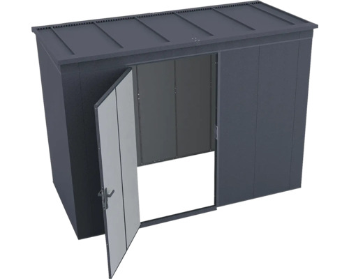 Abri de jardin moderne en métal anthracite avec toit en pente et porte ouverte.
