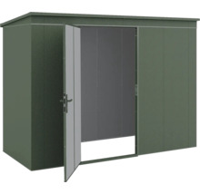 Dunkelgrünes Gartenhaus aus Metall mit Pultdach und einer geöffneten Einzeltür.