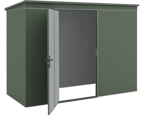 Dunkelgrünes Gartenhaus aus Metall mit Pultdach und einer geöffneten Einzeltür.