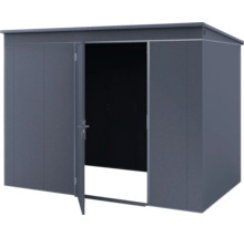 Abri de jardin moderne en métal avec toit en pente et une porte simple ouverte en anthracite.