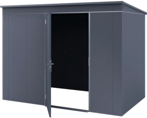 Abri de jardin moderne en métal avec toit en pente et une porte simple ouverte en anthracite.