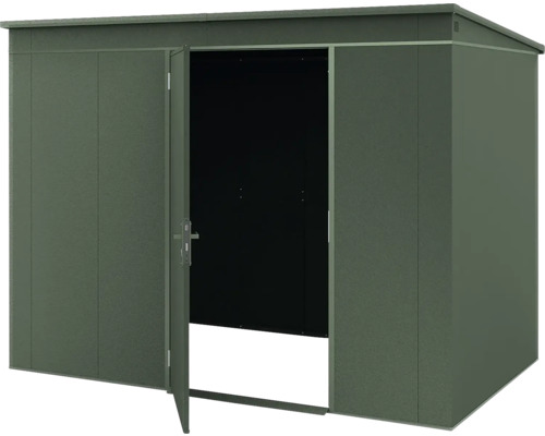 Abri de jardin en métal vert foncé avec toit en appentis et l'une des deux portes ouverte.