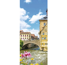 Vue sur l'ancien hôtel de ville de Bamberg avec un pont en arc de pierre sur la rivière et des maisons à colombages historiques.