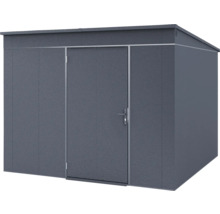 Modernes Gartenhaus aus Metall in Anthrazit mit Pultdach und einer Tür.