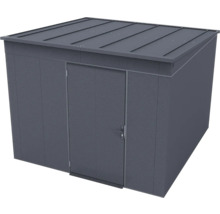 Modernes Gerätehaus aus Metall mit Flachdach und einer Tür in Anthrazit