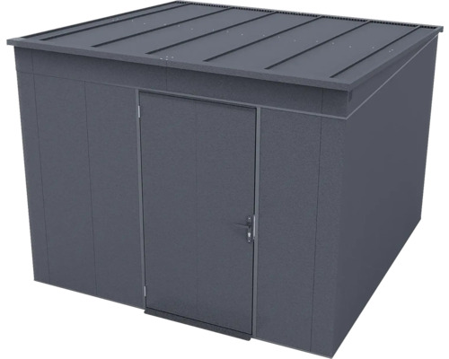 Modernes Gerätehaus aus Metall mit Flachdach und einer Tür in Anthrazit