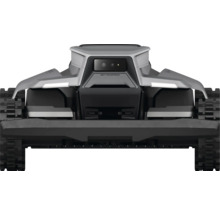 Rückansicht eines Rasenmähroboters mit Raupenantrieb und 360 Grad Vision Fence.