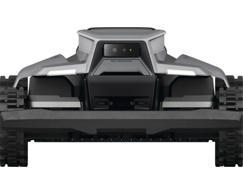 Rückansicht eines Rasenmähroboters mit Raupenantrieb und 360 Grad Vision Fence.