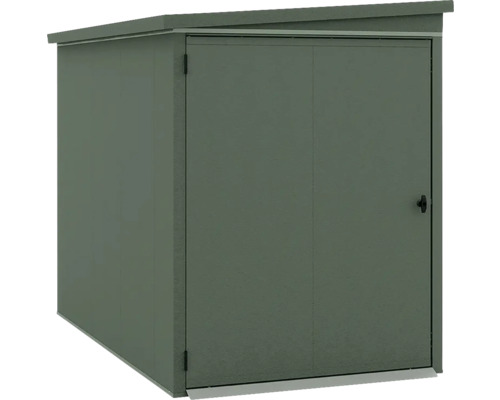 Grünes Gerätehaus aus Metall mit Pultdach und einflügeliger Tür.