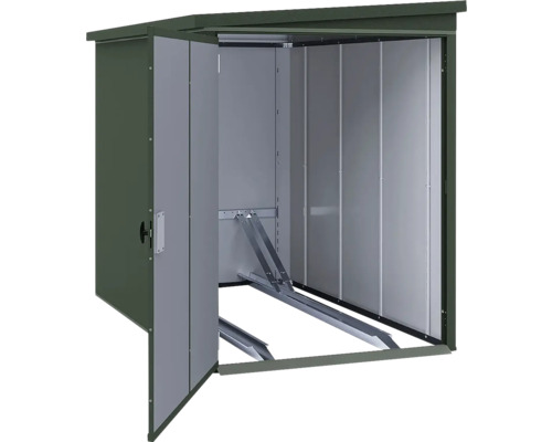 Metall-Fahrradbox mit offener Tür und Führungsschienen für Fahrräder im Innenraum.