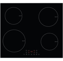 Plaque à induction en vitrocéramique noire avec quatre zones de cuisson et panneau de commande tactile numérique.