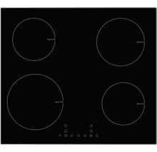 Table de cuisson à induction noire en vitrocéramique avec quatre zones de cuisson et panneau de commande tactile.