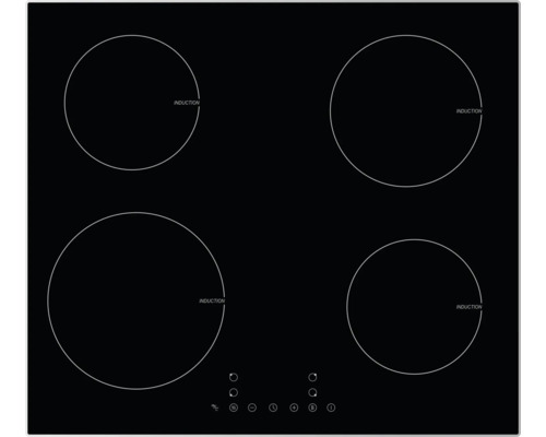 Table de cuisson à induction noire en vitrocéramique avec quatre zones de cuisson et panneau de commande tactile.