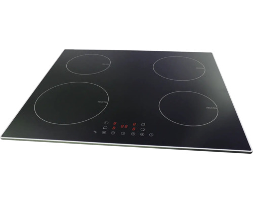 Plaque de cuisson à induction noire avec 4 zones de cuisson et commande tactile en vitrocéramique.