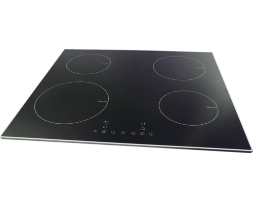 Table de cuisson à induction noire en vitrocéramique avec quatre zones de cuisson et commande tactile.