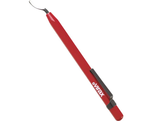 Ébavureur Virax avec poignée rouge et lame métallique courbe pour l'ébavurage de tubes.