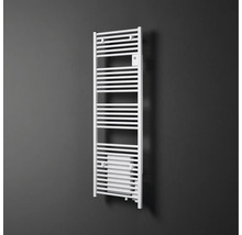Radiateur sèche-serviettes électrique blanc avec barreaux horizontaux et soufflerie intégrée en bas.