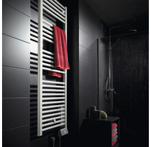 Salle de bain moderne avec radiateur sèche-serviettes blanc en forme d'échelle sur un mur en carrelage gris foncé à côté d'une douche.