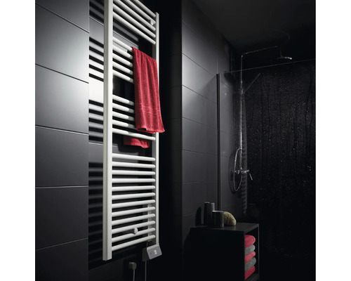 Salle de bain moderne avec radiateur sèche-serviettes blanc en forme d'échelle sur un mur en carrelage gris foncé à côté d'une douche.