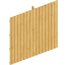 Schräger Holzzaun aus vertikalen Lamellen mit sichtbarer Maserung.