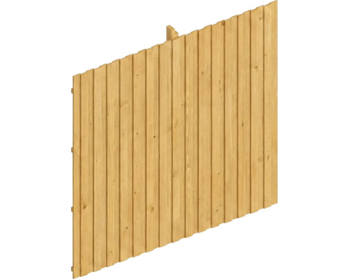 Schräger Holzzaun aus vertikalen Lamellen mit sichtbarer Maserung.