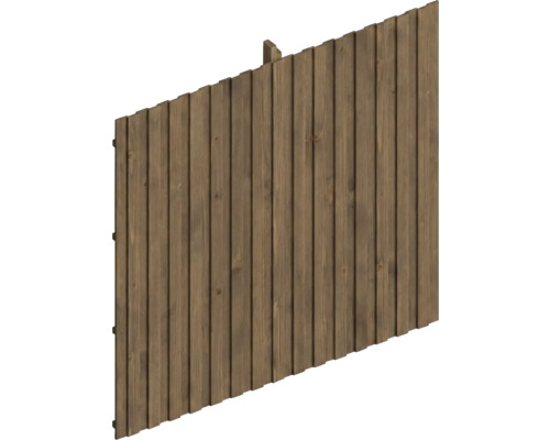 Braunes Sichtschutzelement aus Holz mit vertikal angeordneten Lamellen und schräger Oberkante.