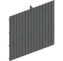 Panneau de clôture en bois avec lattes verticales en gris foncé.