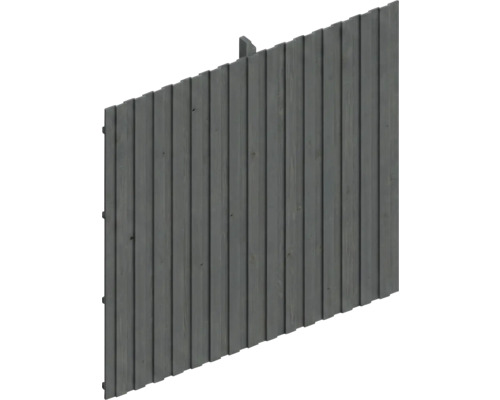 Panneau de clôture en bois avec lattes verticales en gris foncé.
