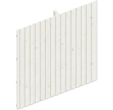 Paravent incliné en bois avec des planches verticales blanches pour le jardin.