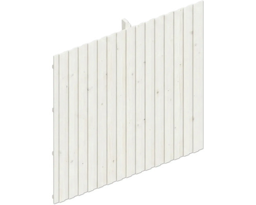 Paravent incliné en bois avec des planches verticales blanches pour le jardin.