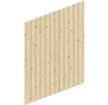 Élément de clôture en bois, incliné, avec des lattes verticales et un grain de bois naturel.