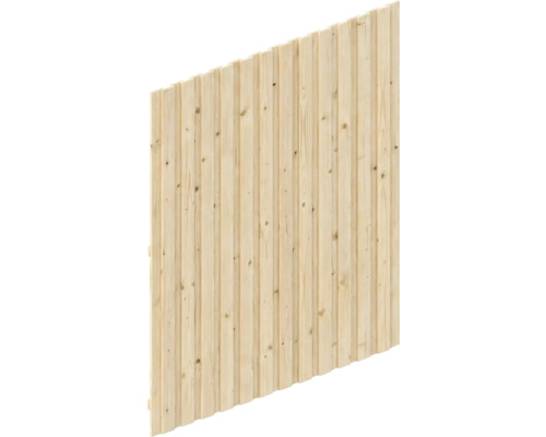 Schräges Zaunelement aus Holz mit vertikalen Lamellen und natürlicher Holzmaserung.