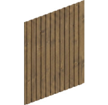 Sichtschutzelement aus Holz mit vertikalen Lamellen und einer abgeschrägten Oberkante.