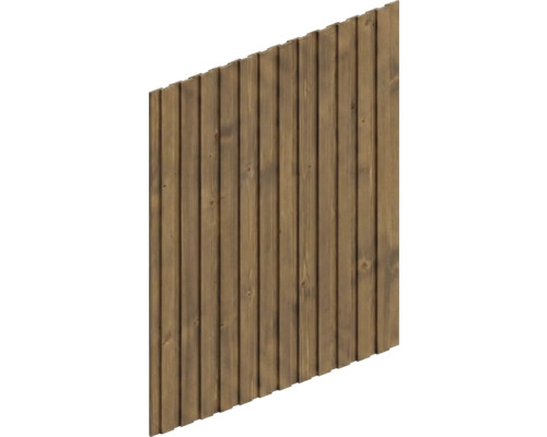 Sichtschutzelement aus Holz mit vertikalen Lamellen und einer abgeschrägten Oberkante.