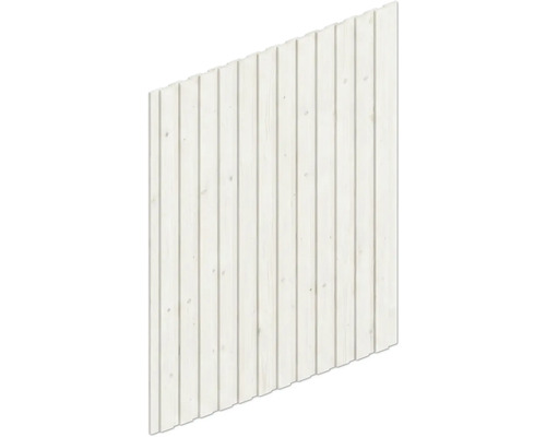 Panneau mural en bois blanc avec lattes verticales.