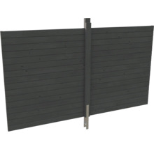 Clôture de jardin avec lames de bois horizontales anthracite et un poteau central.