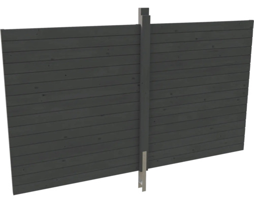 Clôture de jardin avec lames de bois horizontales anthracite et un poteau central.