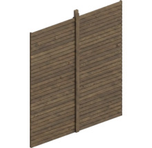 Brise-vue en bois avec des lattes horizontales et un poteau central.