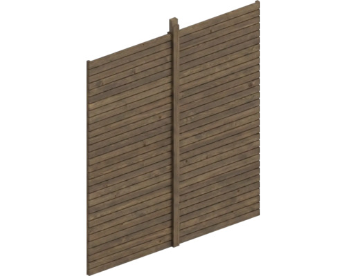 Sichtschutzzaun aus Holz mit waagerechten Lamellen und einem Mittelpfosten.