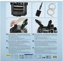 Kit de filtre extérieur Tetra EX 500 Plus pour aquarium : infographie avec masses filtrantes, préfiltre, tuyaux, bouton de démarrage et vannes.