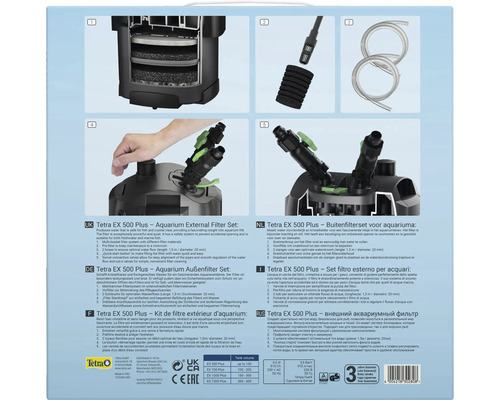 Kit de filtre extérieur Tetra EX 500 Plus pour aquarium : infographie avec masses filtrantes, préfiltre, tuyaux, bouton de démarrage et vannes.