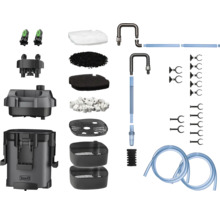 Kit de filtre extérieur pour aquarium Tetra comprenant le boîtier du filtre, les médias filtrants, les tuyaux et le matériel de fixation.
