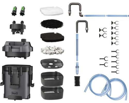 Kit de filtre extérieur pour aquarium Tetra comprenant le boîtier du filtre, les médias filtrants, les tuyaux et le matériel de fixation.