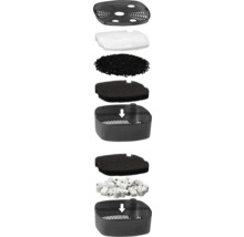 Vue éclatée des composants de filtre pour aquarium avec ouate, charbon actif, mousse filtrante, anneaux en céramique et paniers.