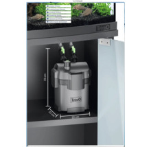 Filtre extérieur Tetra dans le meuble sous aquarium, hauteur 35 centimètres, largeur et profondeur 22 centimètres. Excellente filtration.