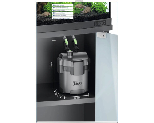 Filtre extérieur Tetra dans le meuble sous aquarium, hauteur 35 centimètres, largeur et profondeur 22 centimètres. Excellente filtration.