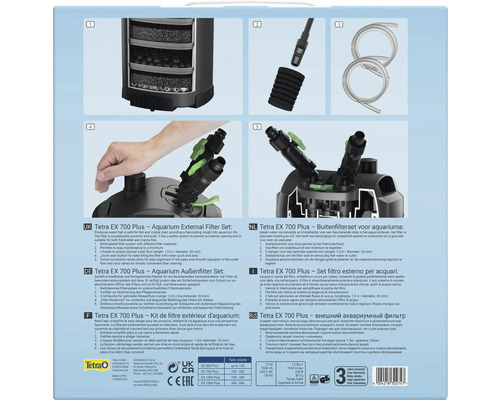 Rückseite der Verpackung des Tetra EX 700 Plus Aquarium Außenfilter Sets mit Detailansichten zu Filtersystem, Vorfilter, Schläuchen und Anschlüssen.