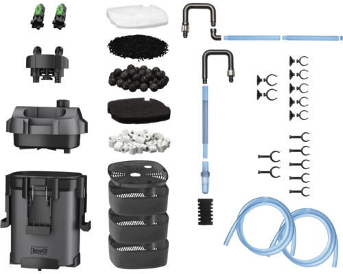 Kit de filtre extérieur Tetra pour aquarium avec cuve, masses filtrantes comme anneaux céramiques et bio-balles, tuyaux, ventouses. Tetra Logo.